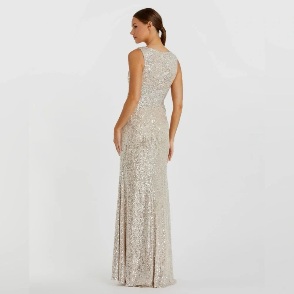 Mac Duggal Ieena 26598 V-Neck Wrap Waist Sequin Gown Dress New Champagne Formal